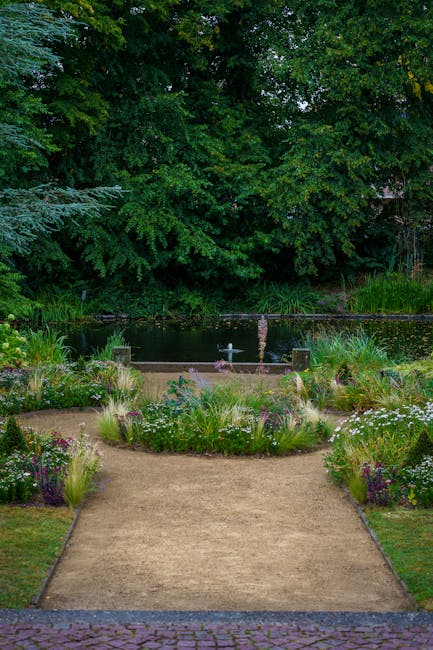 A well-maintained front garden features a central dirt pathway bordered by lush flowerbeds filled with a variety of plants, including white daisies, purple blooms, and ornamental grasses, creating a colorful and textured landscape. Beyond the flowerbeds, a small pond with calm, dark water reflects the surrounding greenery, adding a tranquil element to the scene. Tall trees with dense, vibrant green foliage form a natural backdrop, casting shade over parts of the garden and enhancing the peaceful atmosphere. The garden appears to be in the process of maintenance or landscaping work, with no visible tools or active gardening, suggesting a neat and orderly outdoor space. The setting is illuminated by soft, natural light, highlighting the diverse textures of the plants, soil, and gravel. This image showcases a professionally styled front garden as part of the Wimbledon Common project, carried out by Gardeners Wimbledon, emphasizing careful lawn care, hedge trimming, and garden bed planting to create an inviting and lush outdoor environment.
